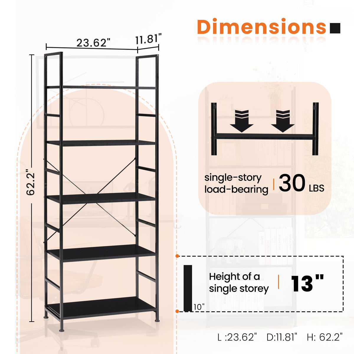 Bookshelf dimensions, 23.62 x 11.81 x 62.2 in