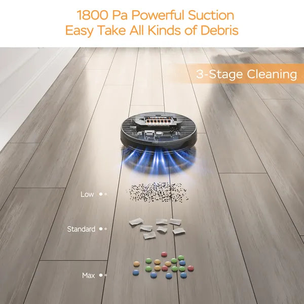 Robot vacuum with 1800 Pa suction and 3 cleaning levels
