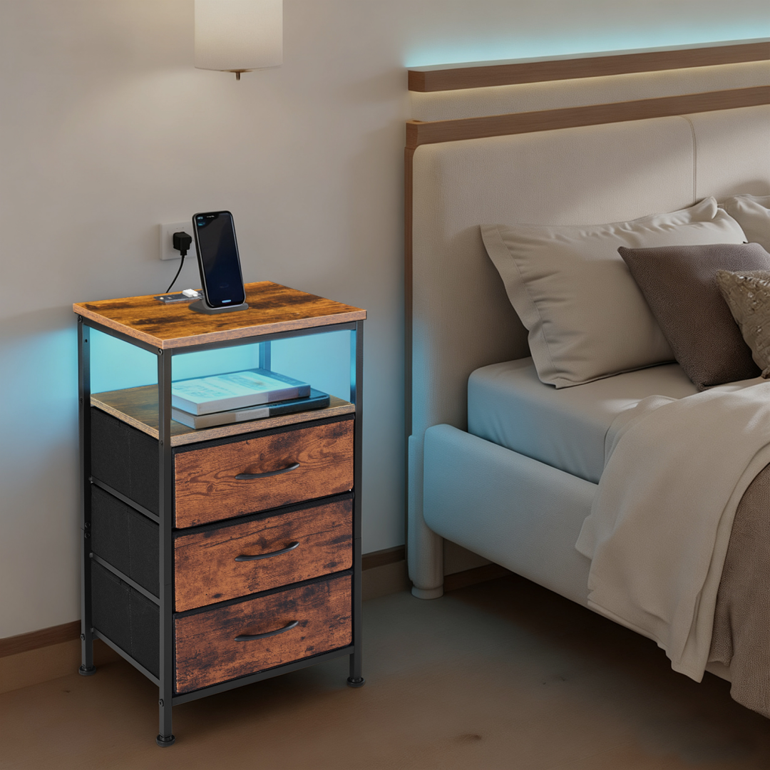 Rustic brown nightstand with LED lights beside a bed