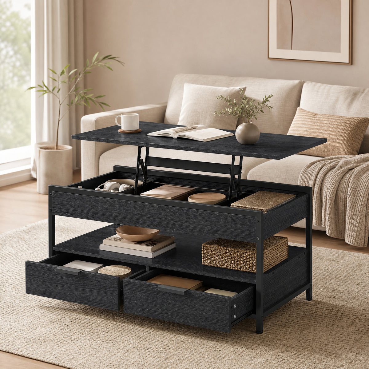 Black lift-top coffee table in a living room