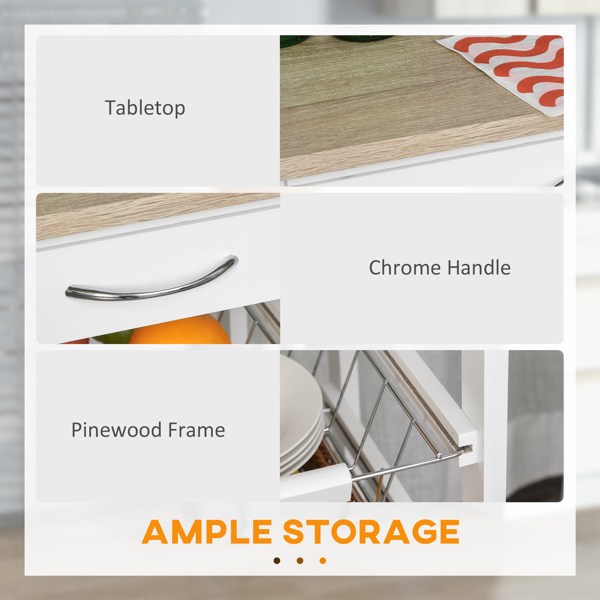 Tabletop, chrome handle and pine wood frame details