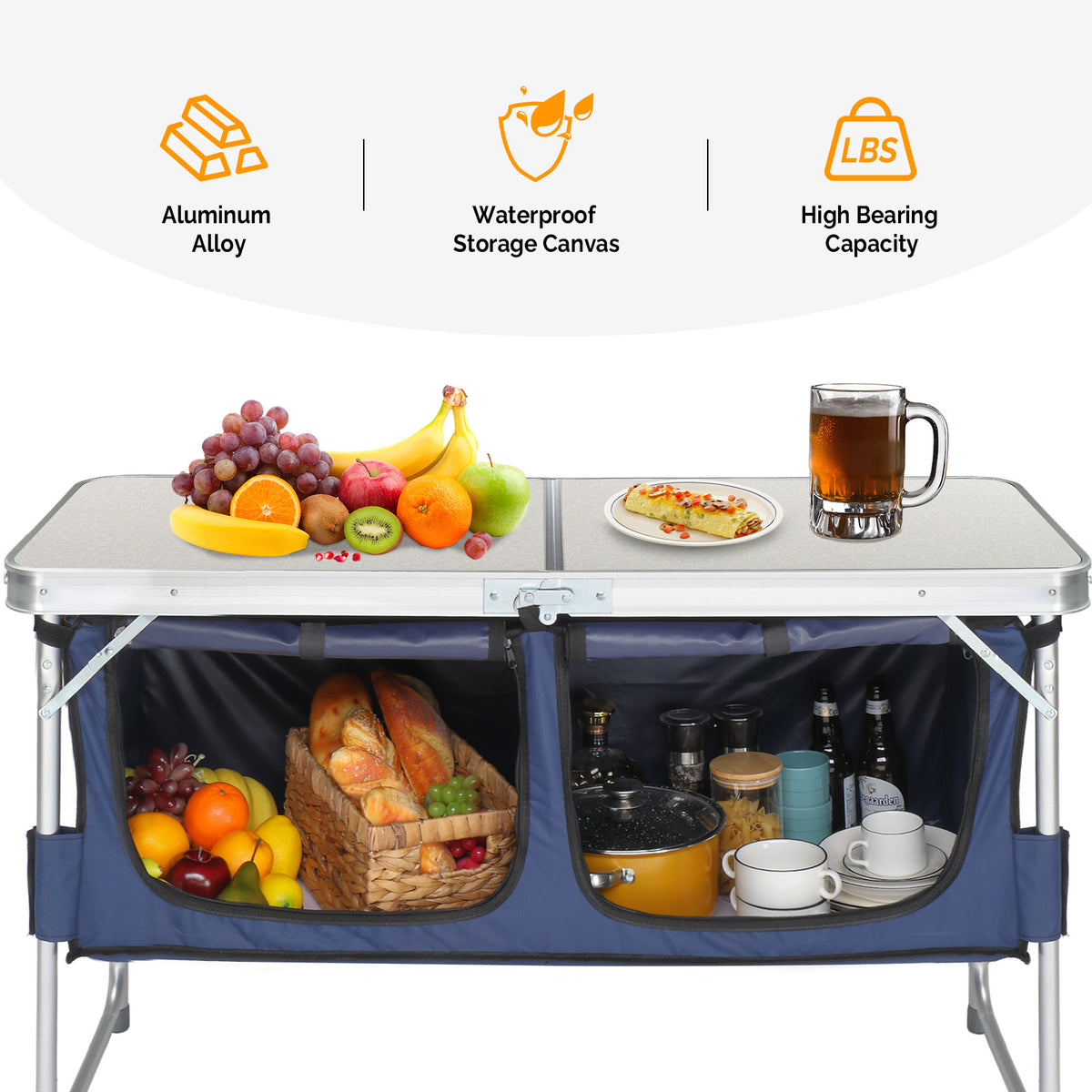 Camping table holding food with storage underneath