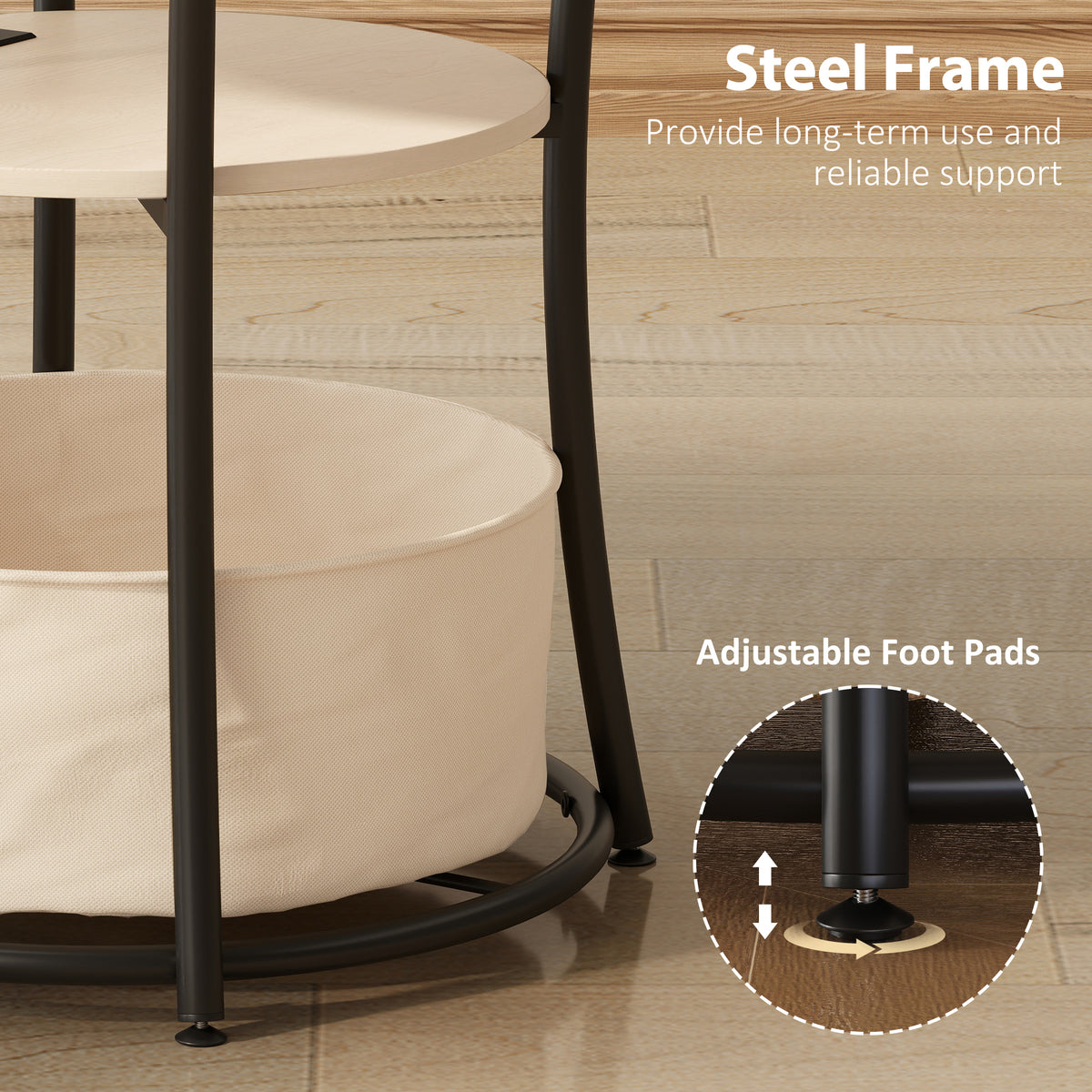 Steel frame with adjustable foot pads