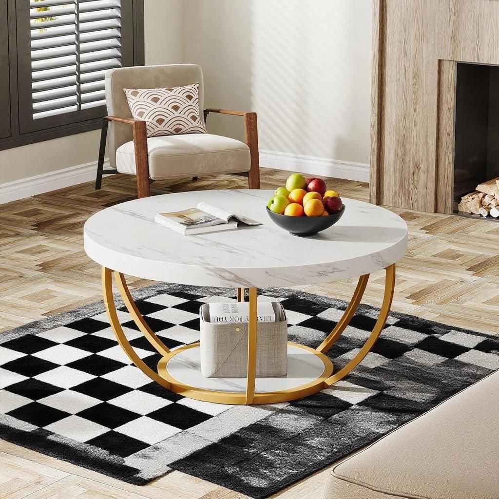 Round coffee table with marble-look top and gold frame