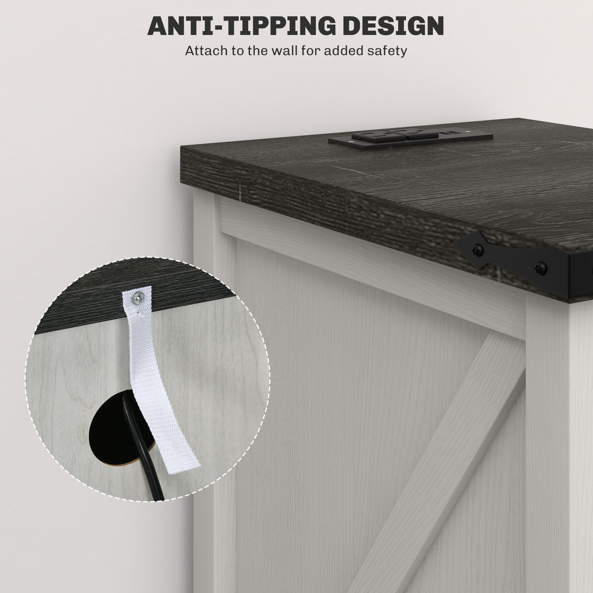 Anti-tip strap attaches the table to the wall