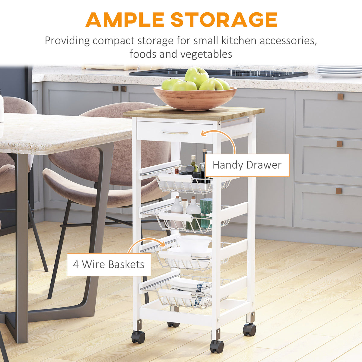 Kitchen cart with drawer and 4 wire baskets