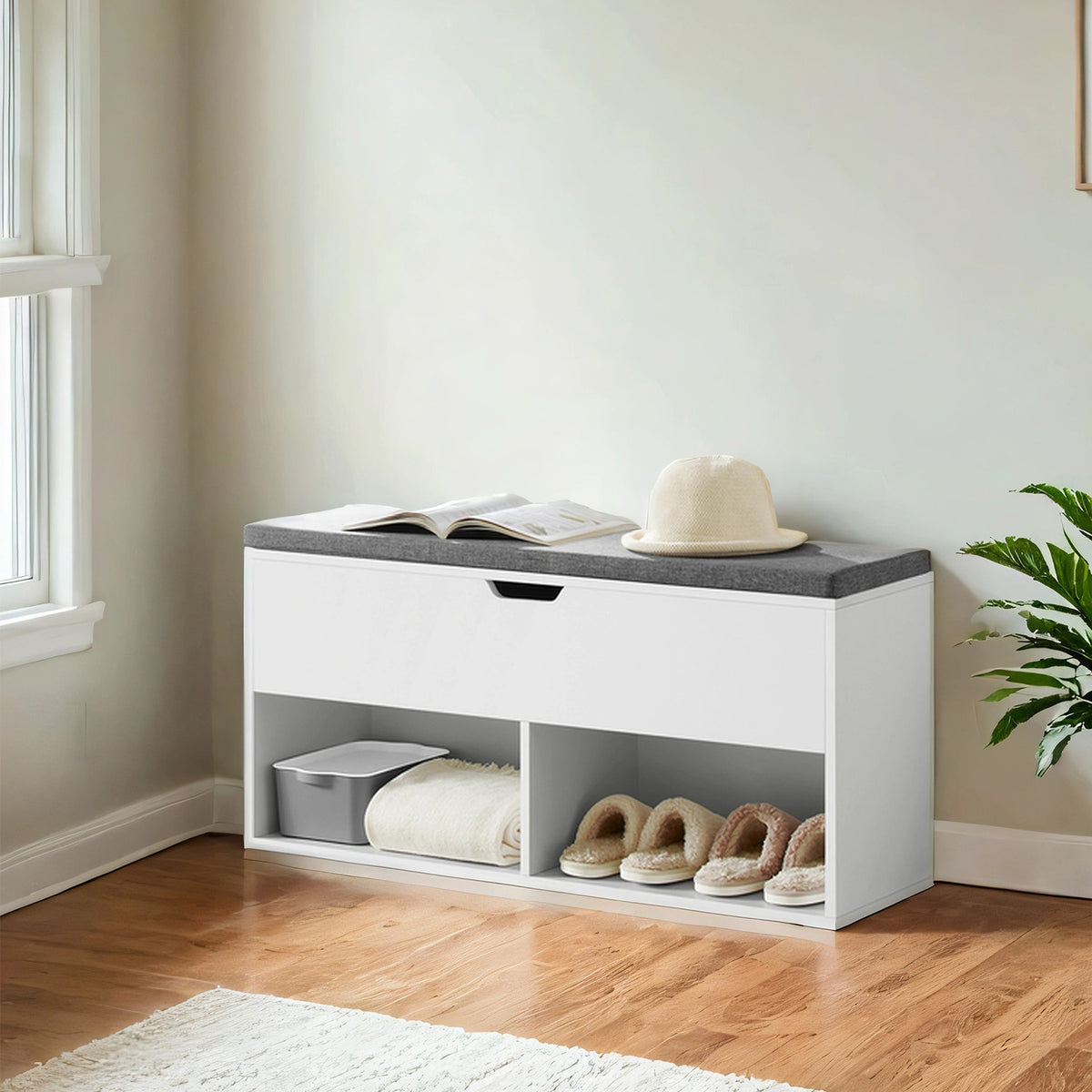 Shoe storage bench with two open cubbies