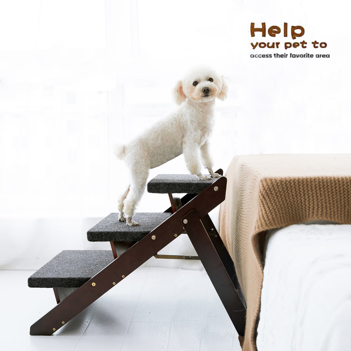 Foldable 2-in-1 Wood Pet Stairs &amp; Ramp - 3-Step Dog &amp; Cat Steps for Beds, Cars &amp; Couches, Up to 110 lbs