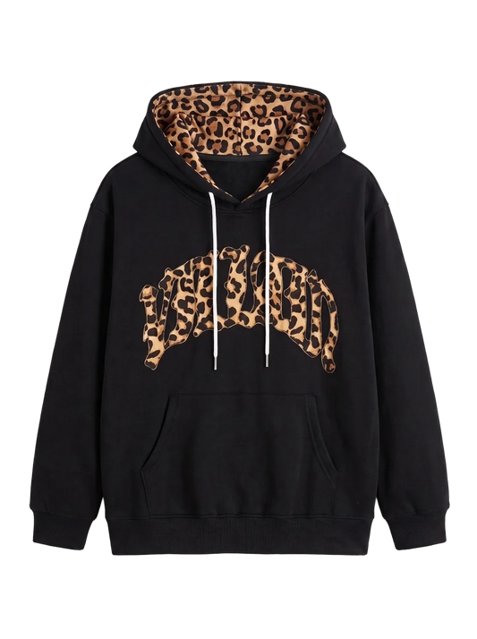 Leopard Trim Hoodie - Black, transparent background