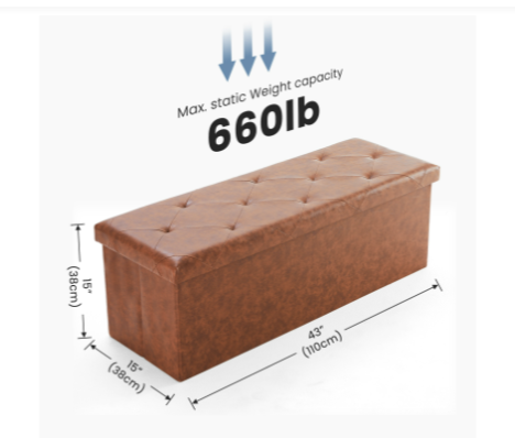 Brown 43 in storage ottoman, 43 x 15 x 15 in, holds 660 lb