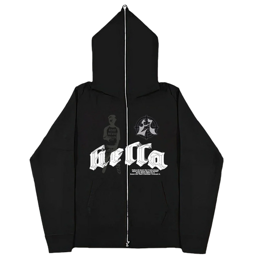 Hella Gothic Zip-Up Hoodie - Black, transparent background