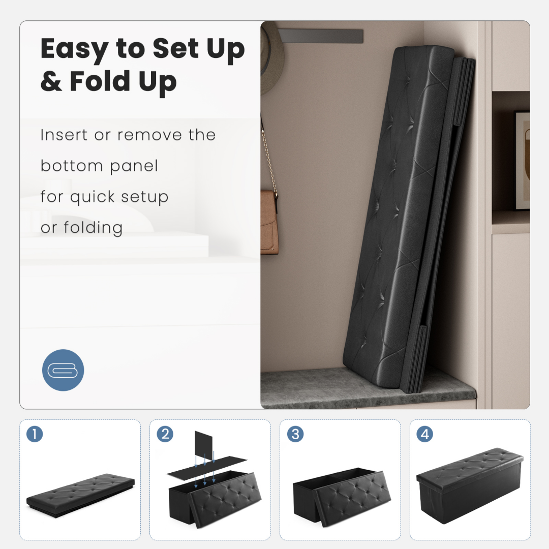 Storage ottoman folds flat and sets up in four steps