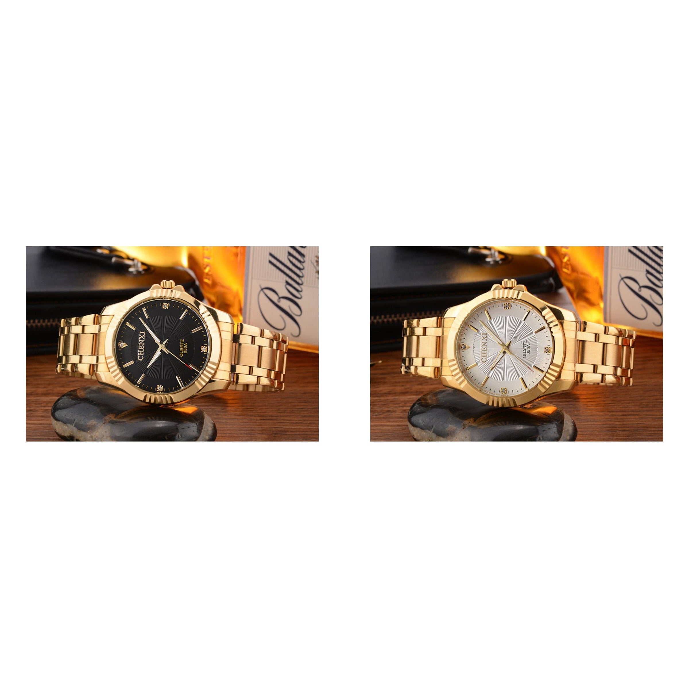 Men's Gold Dress Watch – Fluted Bezel, Steel Bracelet