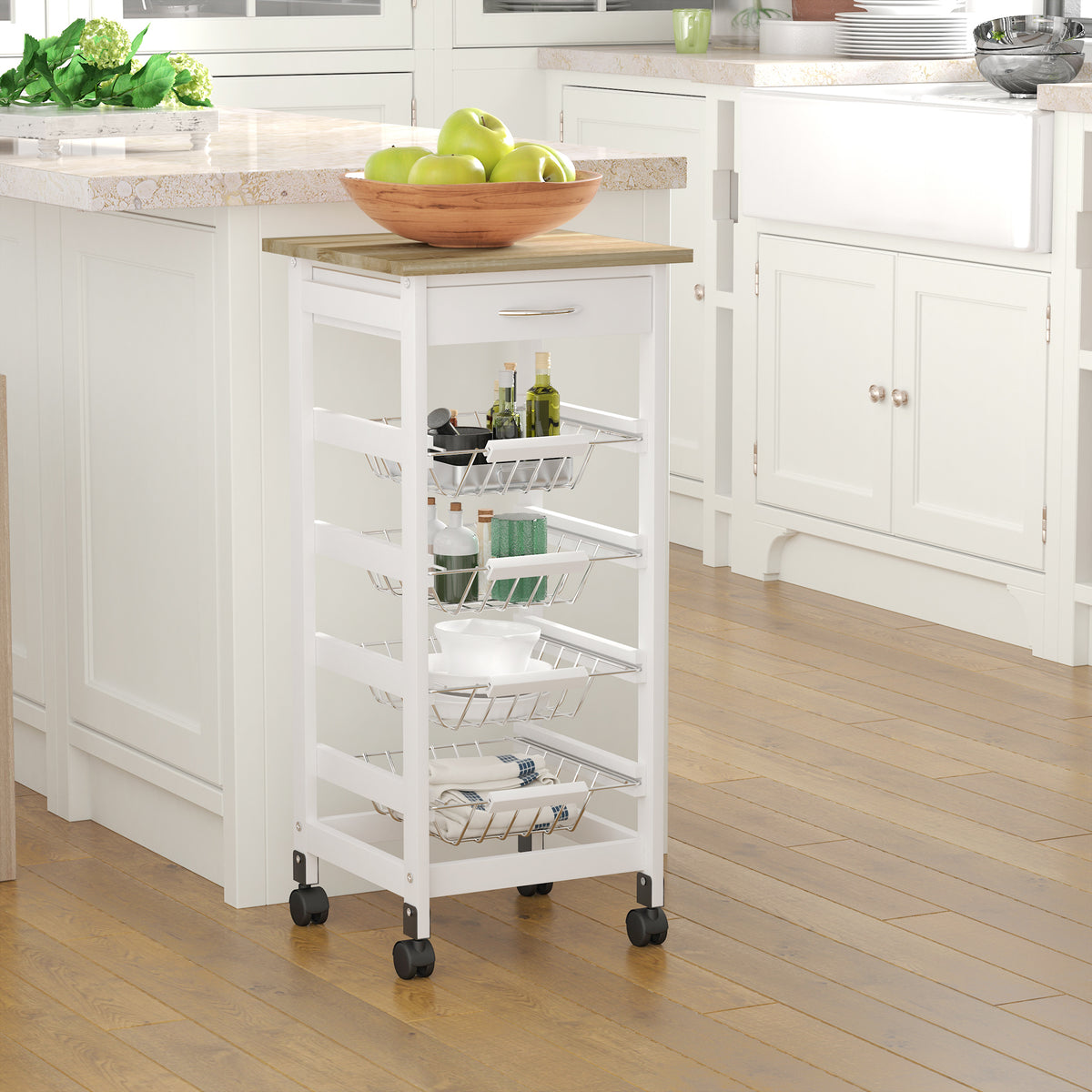 White kitchen cart beside a counter