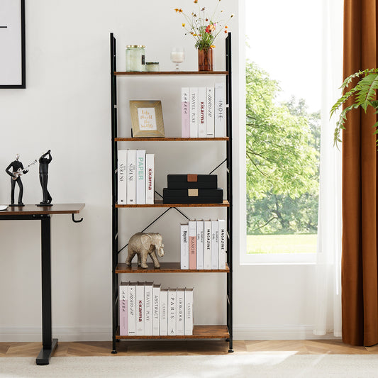 5-tier rustic brown bookshelf next to a desk