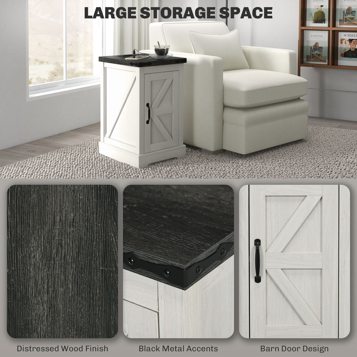 Storage space, distressed wood finish and barn door design