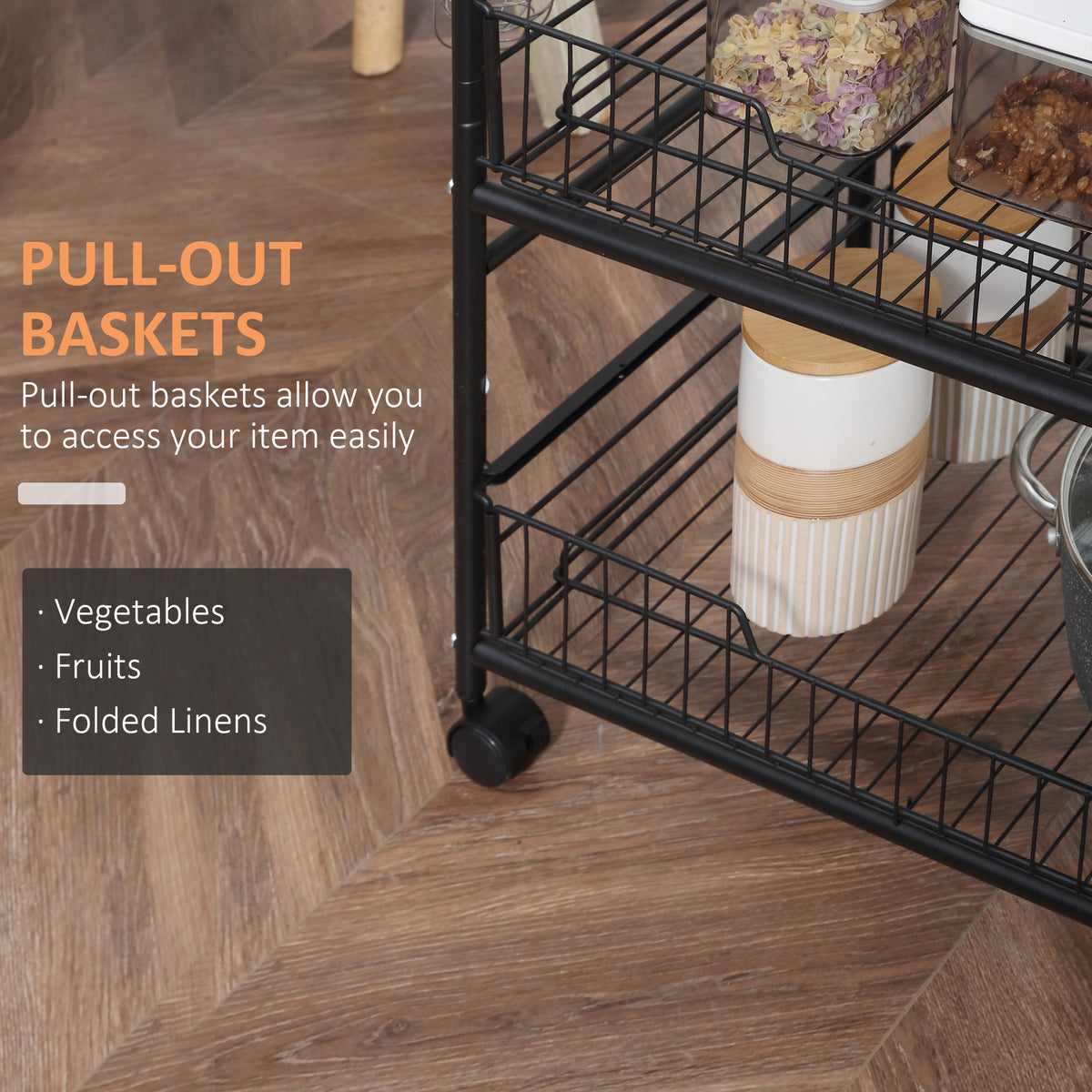 Pull-out baskets for vegetables, fruit and linens
