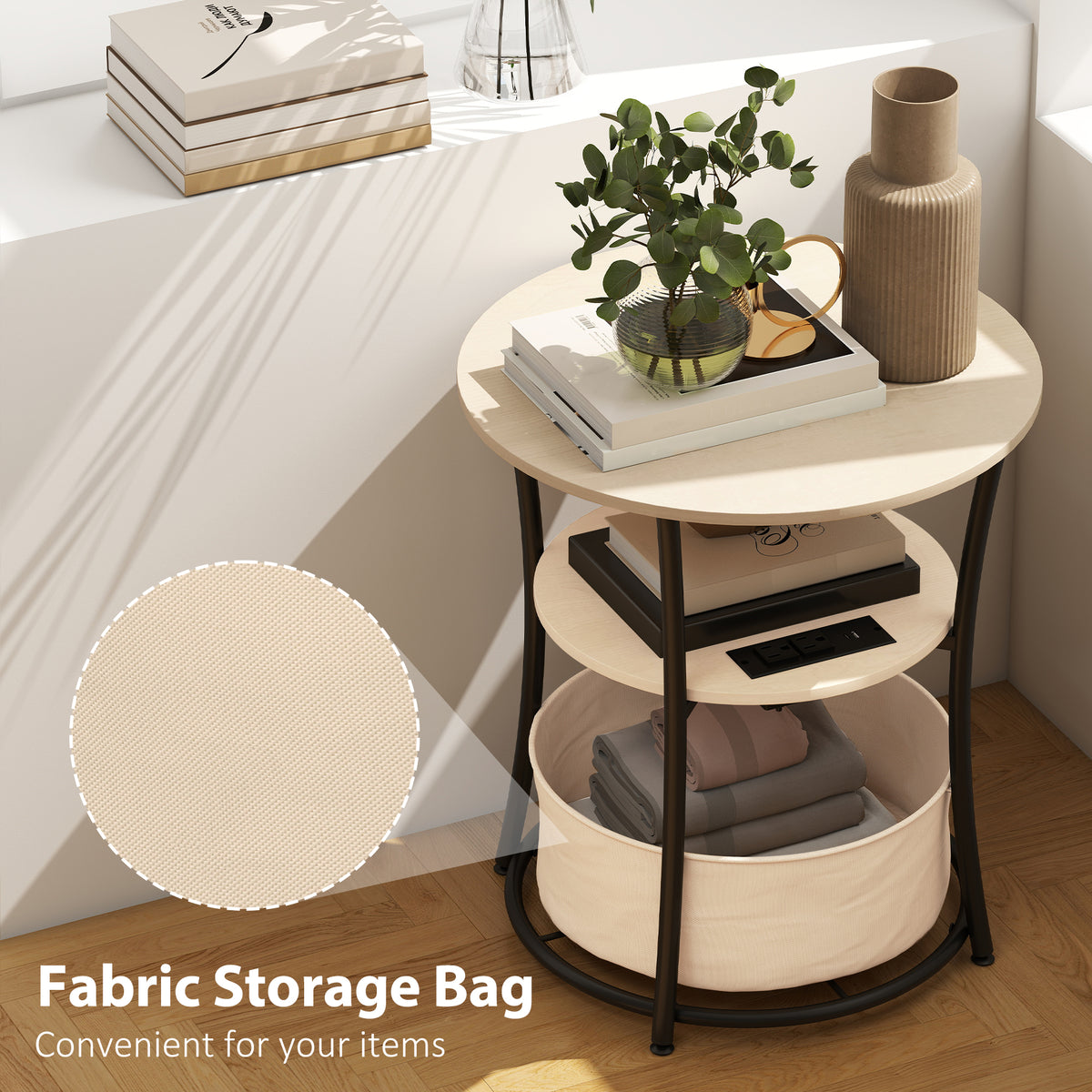 Fabric storage bag on the bottom tier
