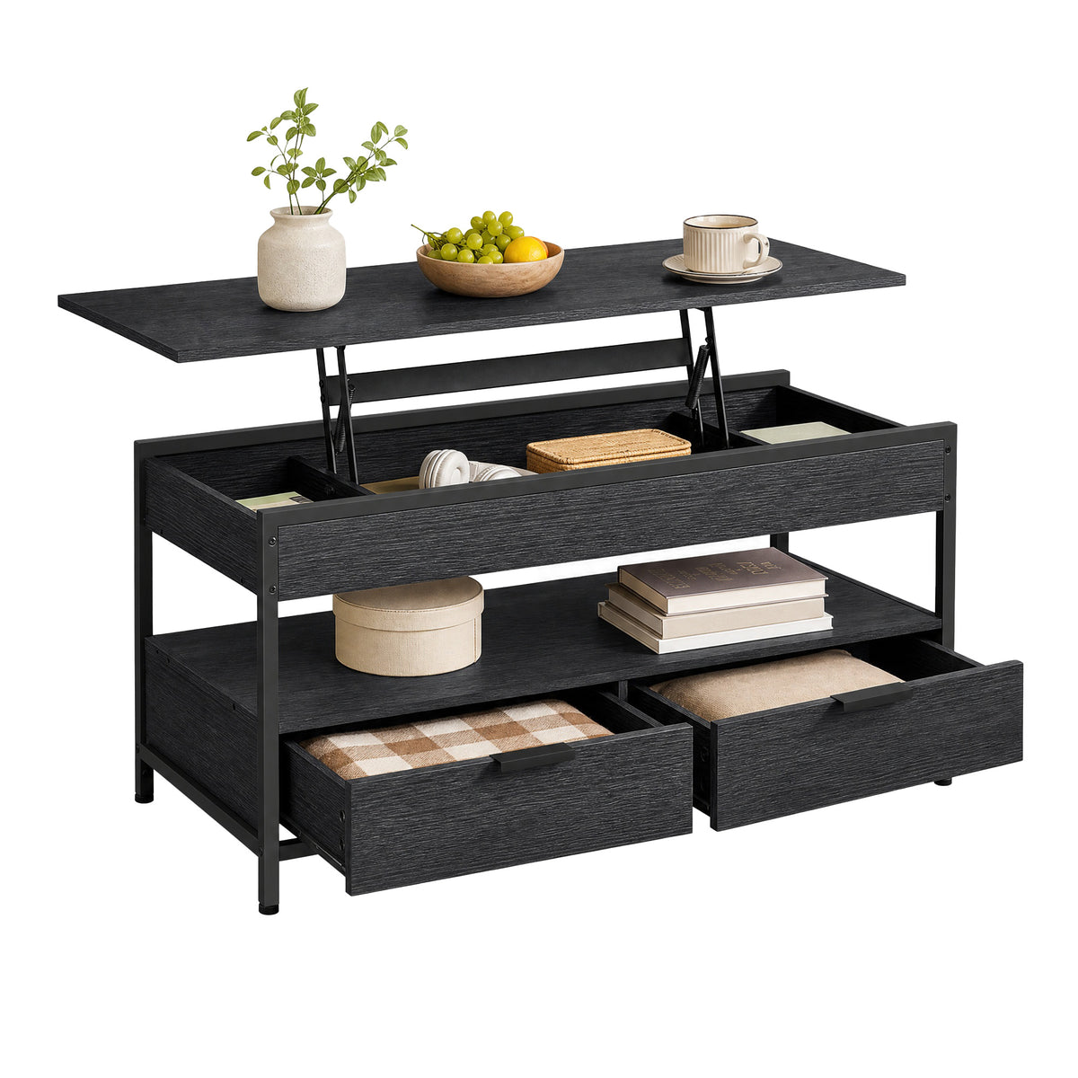 Coffee table with hidden compartment, shelf and two drawers