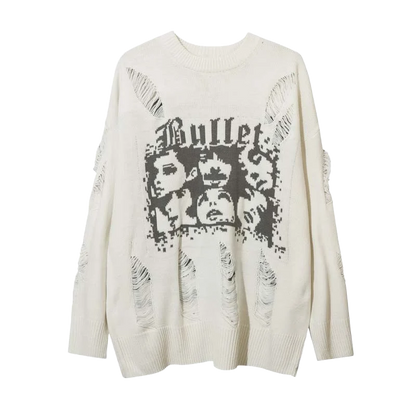 Bullet Distressed Graphic Knit Sweater
