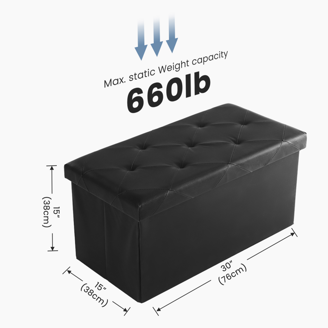 Black 30 in storage ottoman, 30 x 15 x 15 in, holds 660 lb