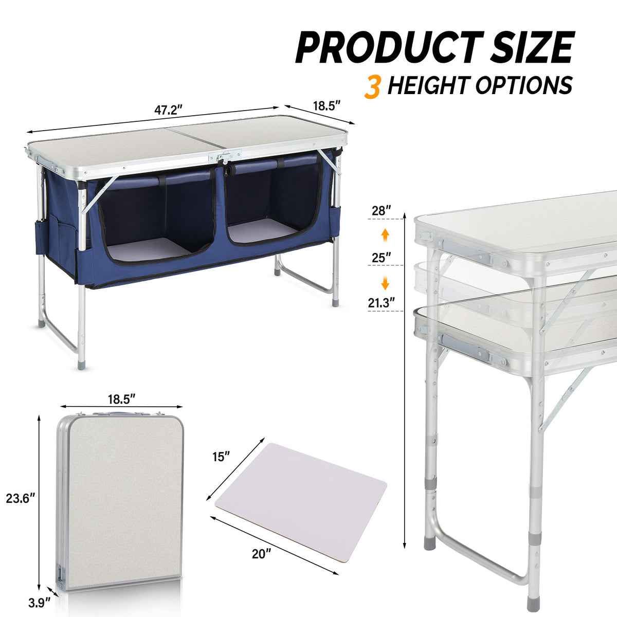 Camping table size and 3 height options