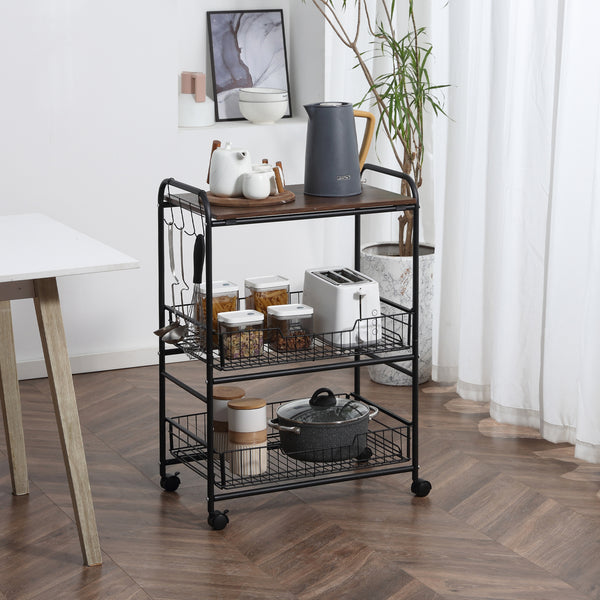 3-tier rolling kitchen cart with walnut top and black frame