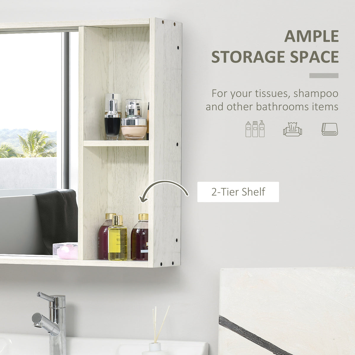 Two-tier open side shelf holding bathroom items