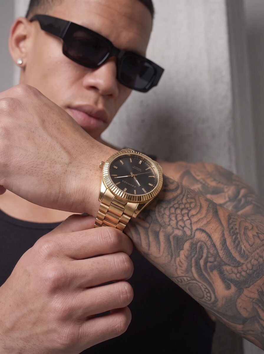 Men's Gold Dress Watch – Fluted Bezel, Steel Bracelet