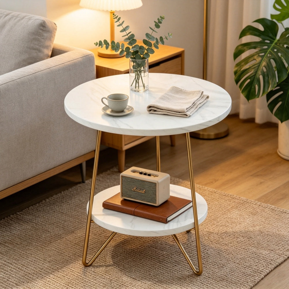 Round white end table with gold legs