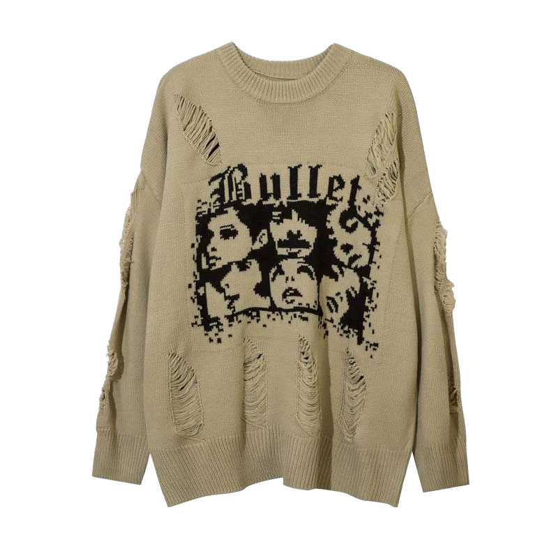 Bullet Distressed Graphic Knit Sweater