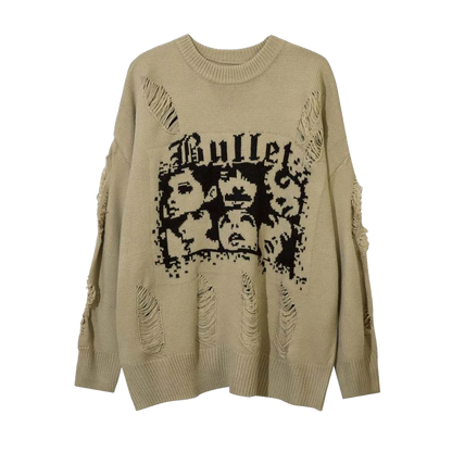 Bullet Distressed Graphic Knit Sweater