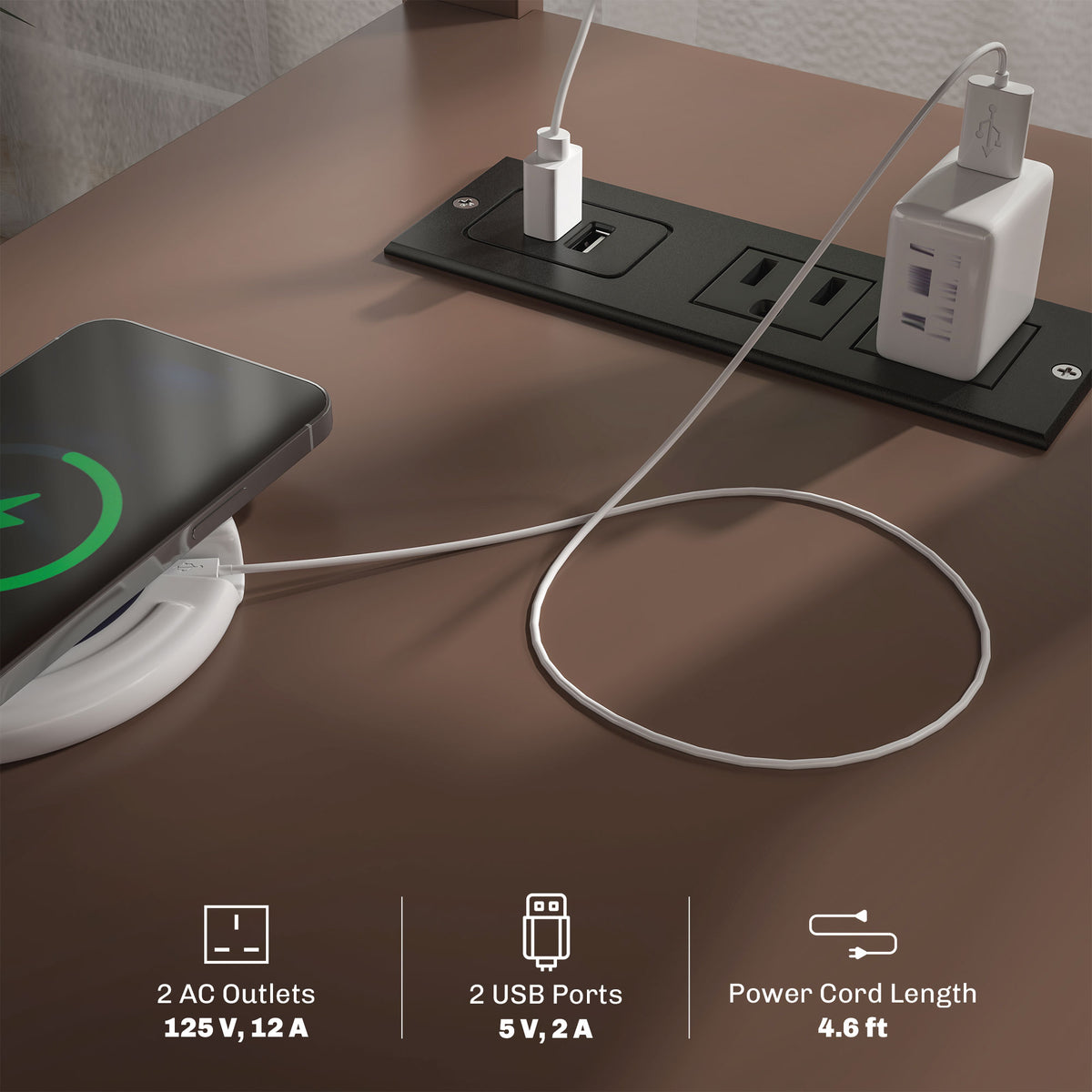 2 AC outlets and 2 USB ports with a 4.6 ft cord
