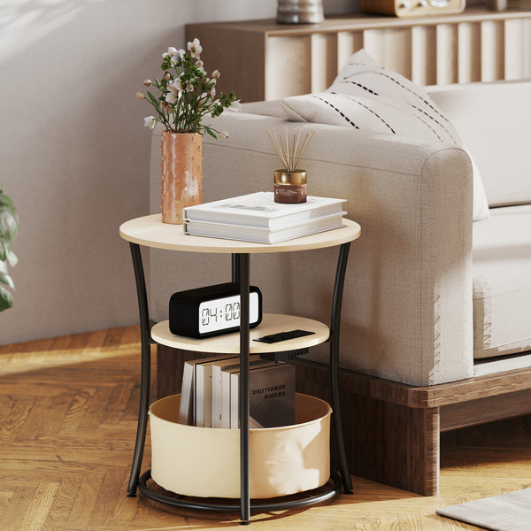 Round 3-tier side table with fabric basket beside a sofa