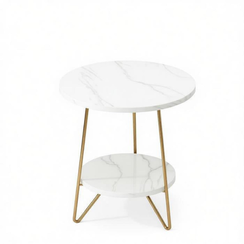 Round white end table with gold legs