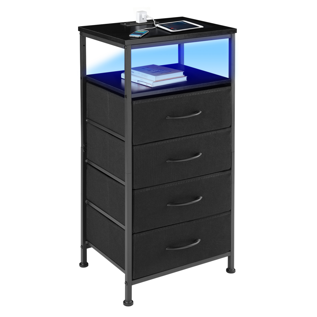 Black nightstand with 4 fabric drawers