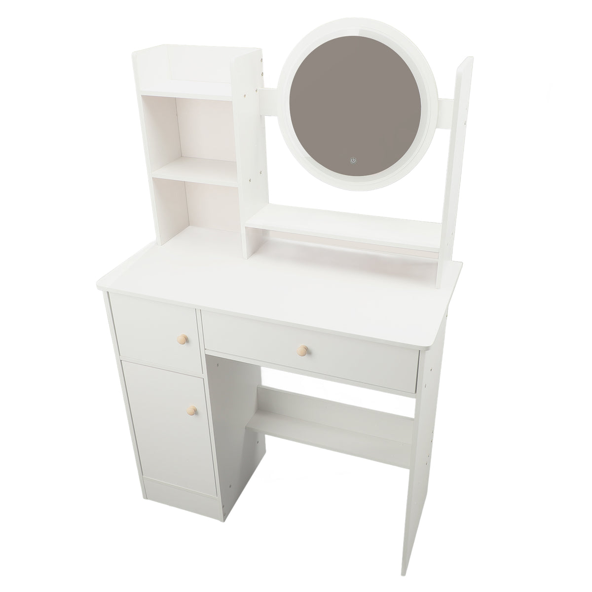 White vanity desk with round mirror and side shelves