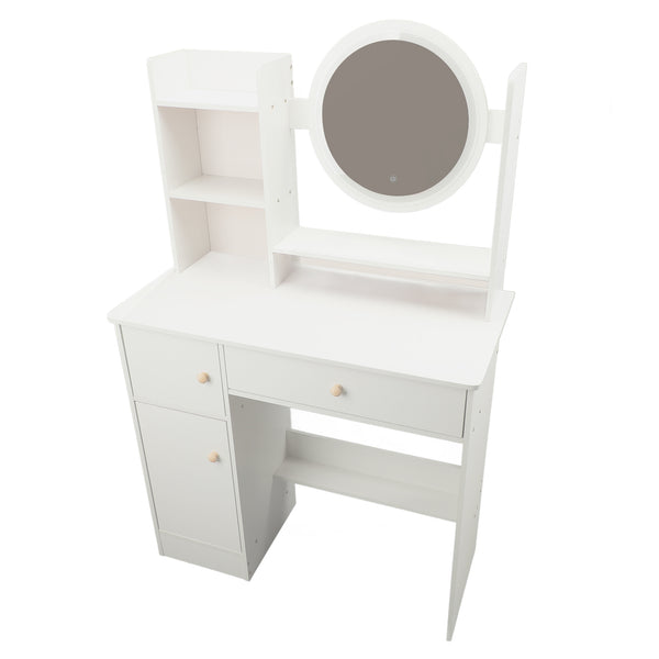 White vanity desk with round mirror and side shelves