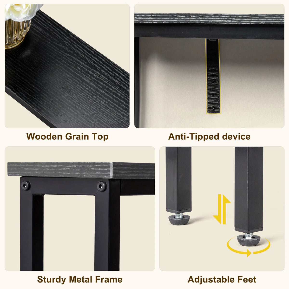 Wood-grain top, anti-tip device, metal frame and adjustable feet