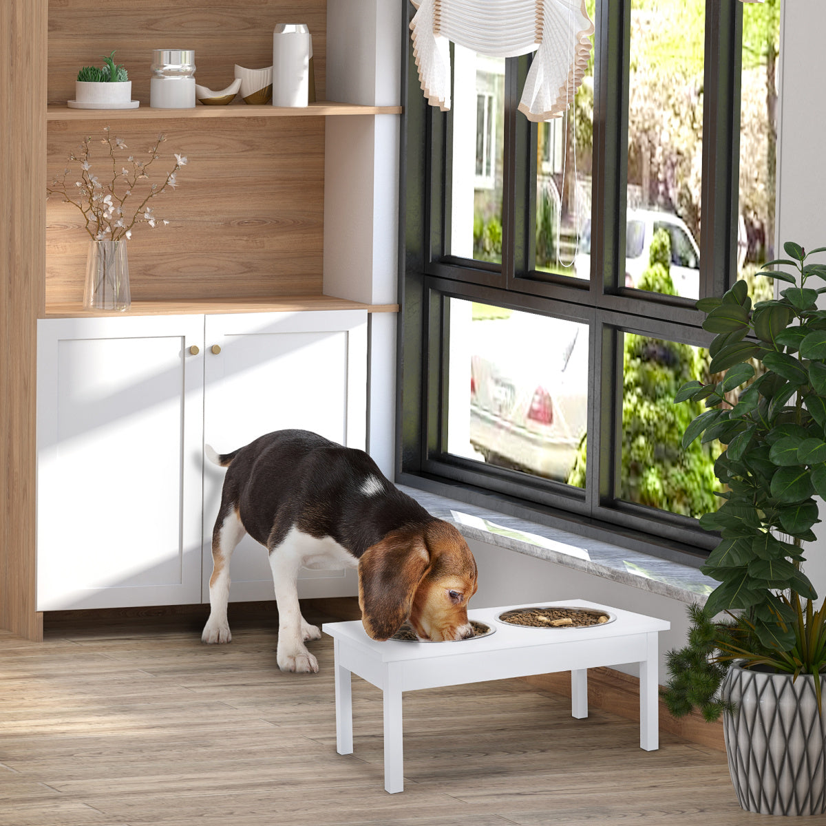 23" Wooden Heavy Duty Dog Food Bowls - Pet Elevated Feeding Station, White