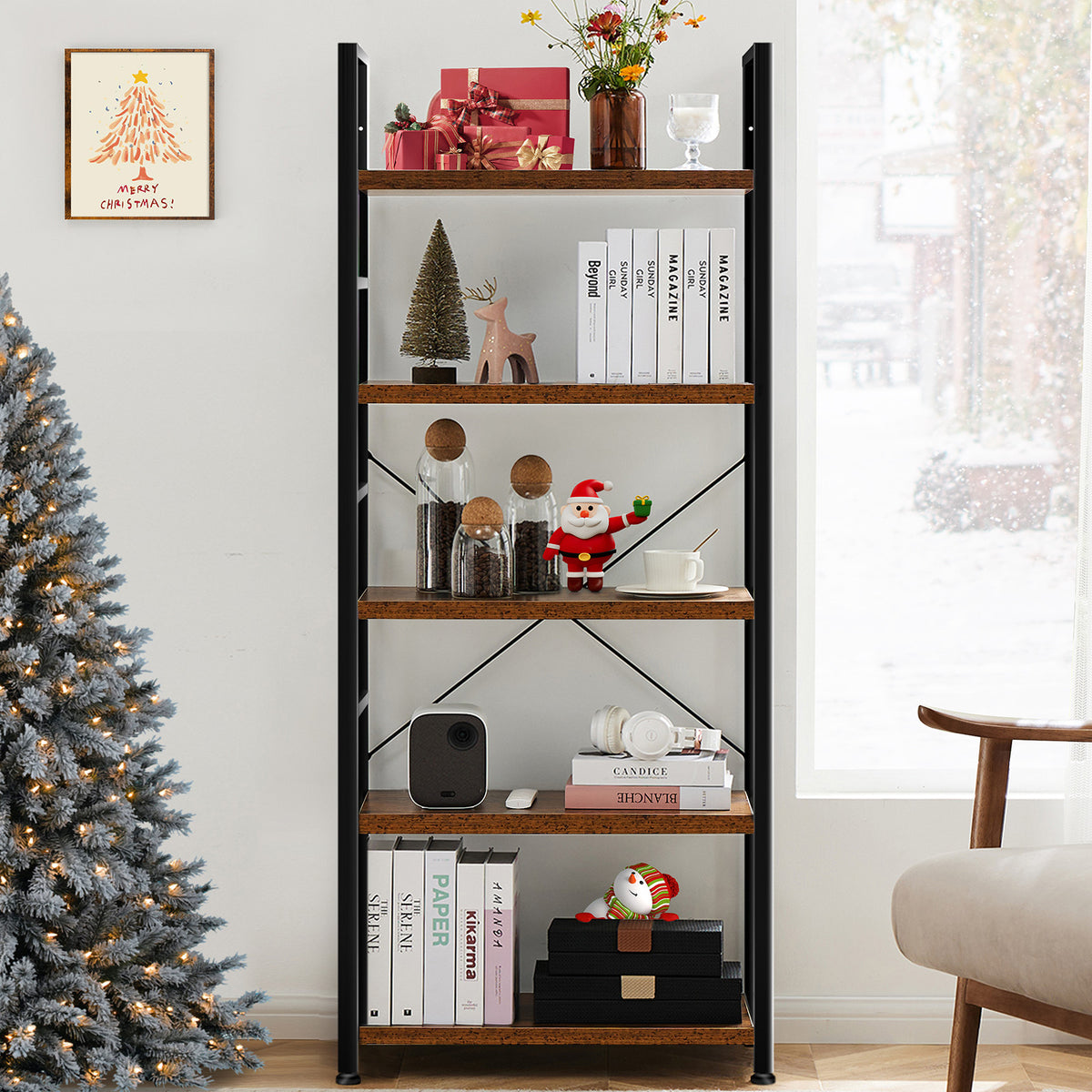 Rustic brown 5-tier bookshelf