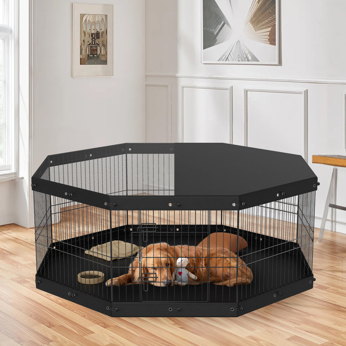 Foldable Metal Dog Playpen with Top Cover, 8-Panel 24in Pet Exercise Pen for Indoor Outdoor, Camping & Yard