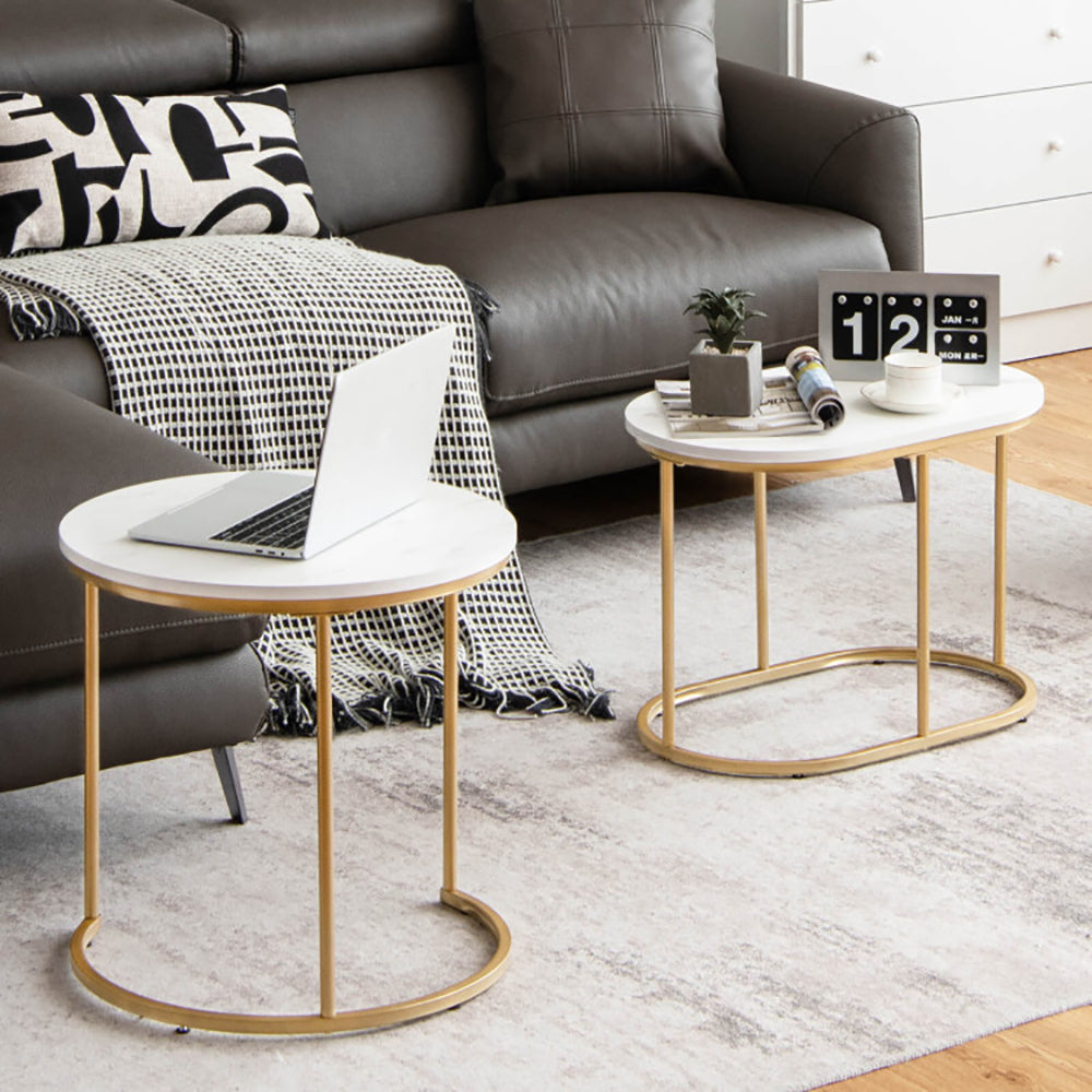 Nesting tables used separately beside a sofa