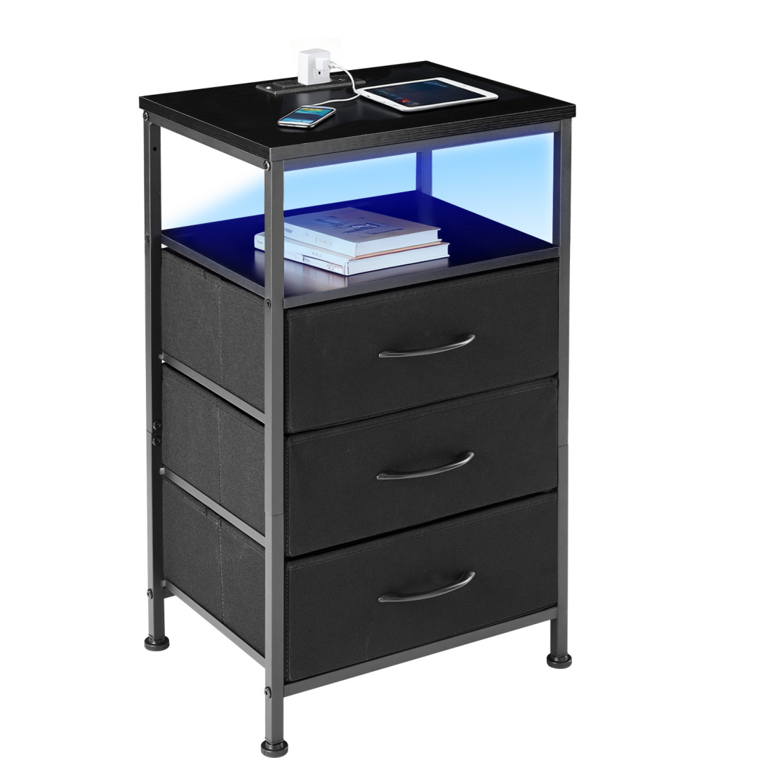 Black nightstand with 3 fabric drawers