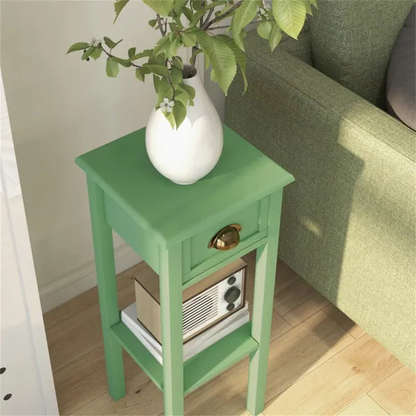 Tall green side table with drawer