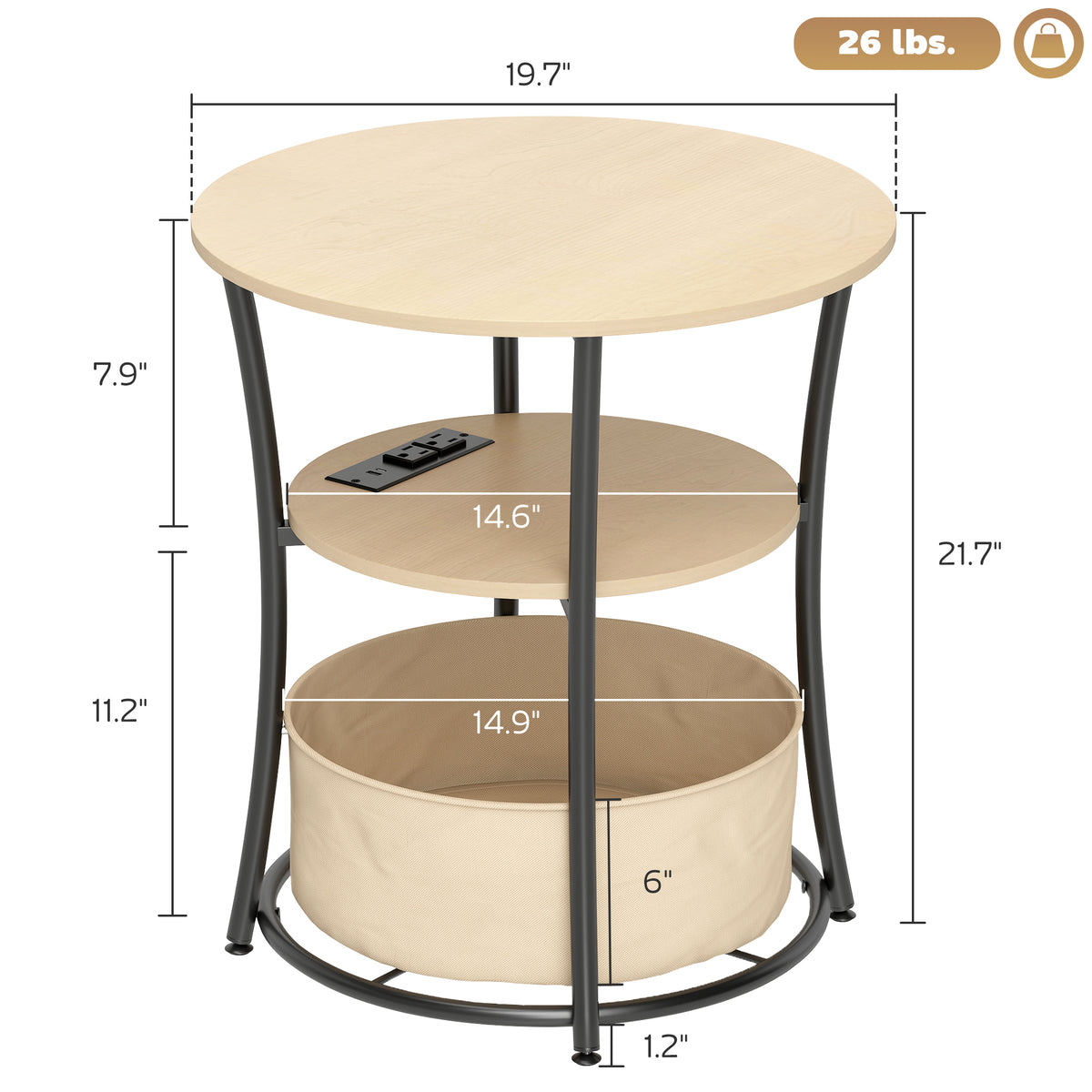 Round side table dimensions, 19.7 in across and 21.7 in high