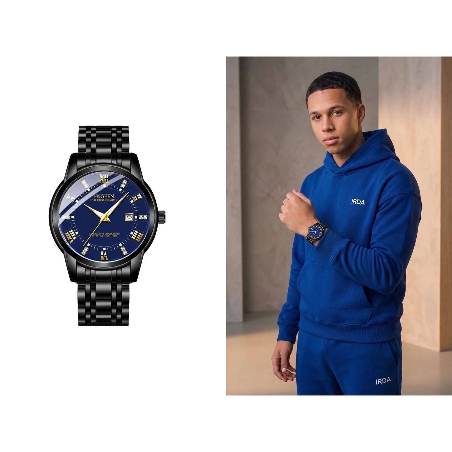 Black steel watch, blue dial, shown alone and on the wrist