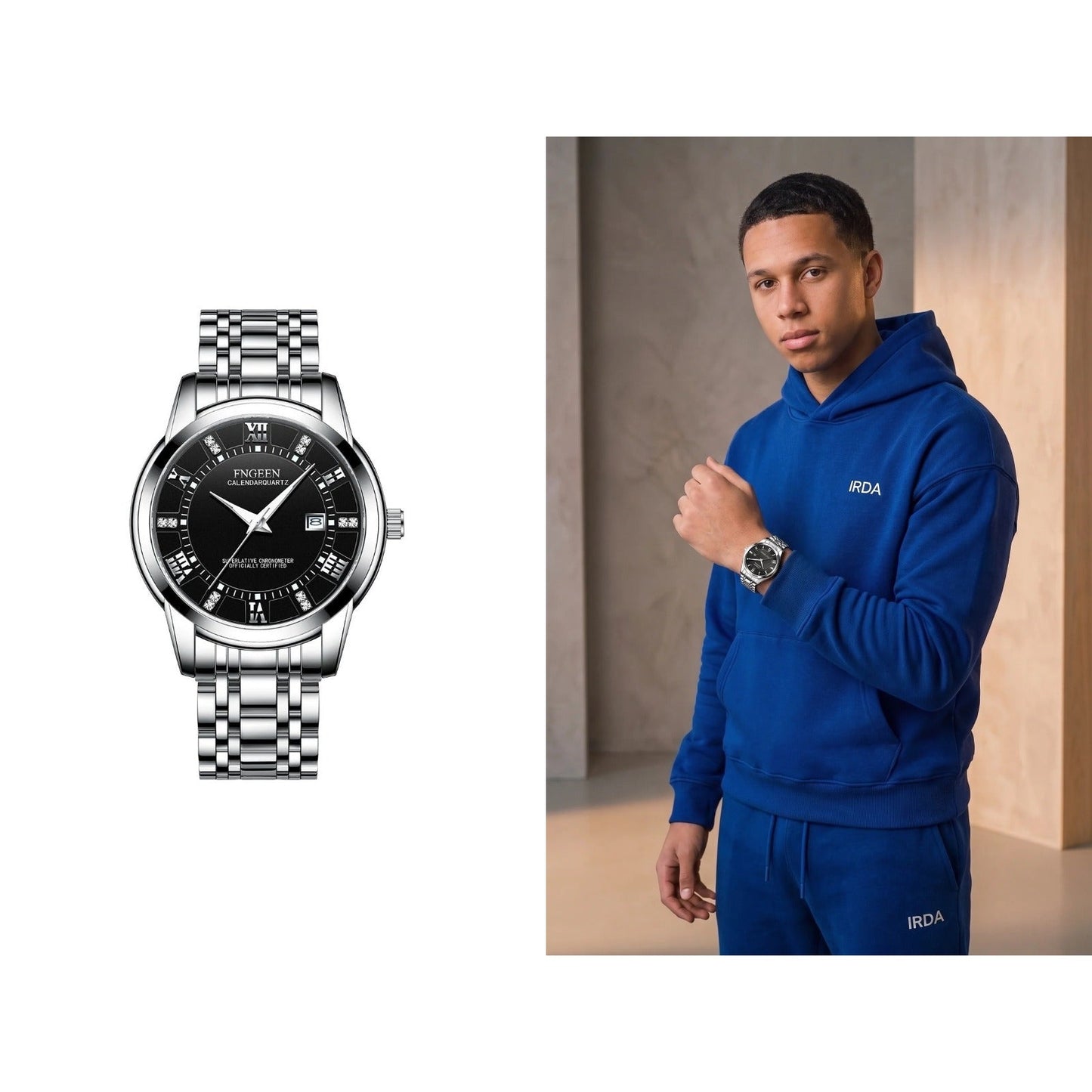 Silver steel watch, black dial, shown alone and on the wrist