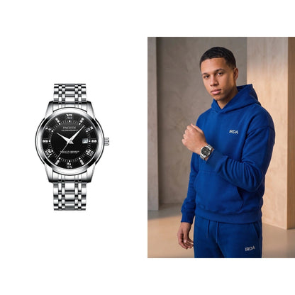 Silver steel watch, black dial, shown alone and on the wrist