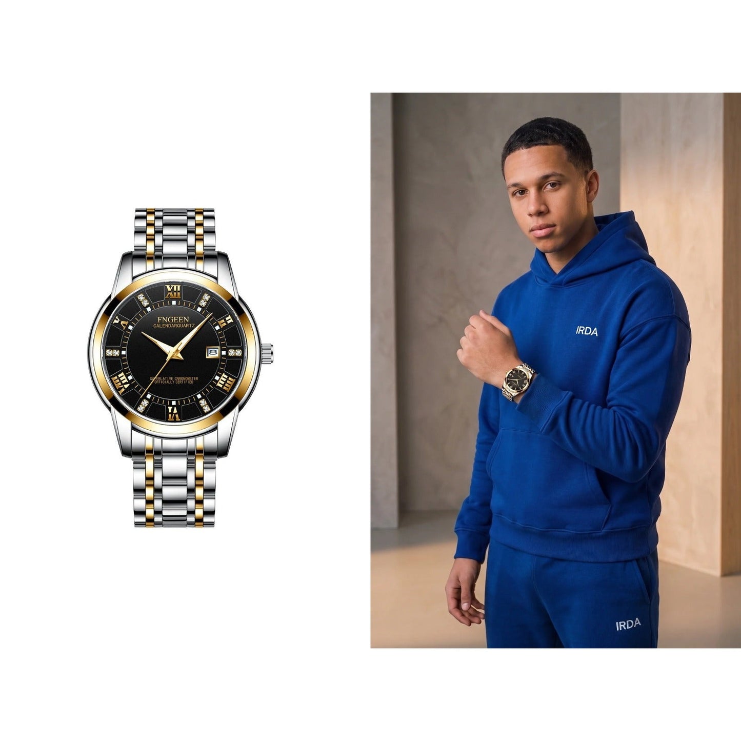 Two-tone steel watch, black dial, shown alone and on the wrist